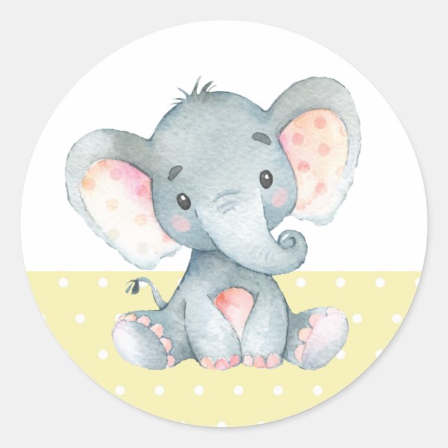 Elephant Baby Shower-Gult Runt Klistermärke (Framsida)