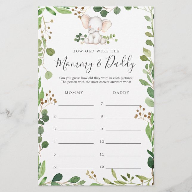 Elephant Baby Shower hur gammalt de spelade kort (Framsida)
