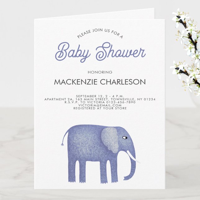 Elephant Baby Shower Inbjudan (Blue elephant baby shower invitation folded card)