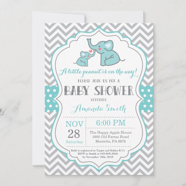 Elephant Baby Shower-inbjudan Aqua och Grått Inbjudningar (Framsida)