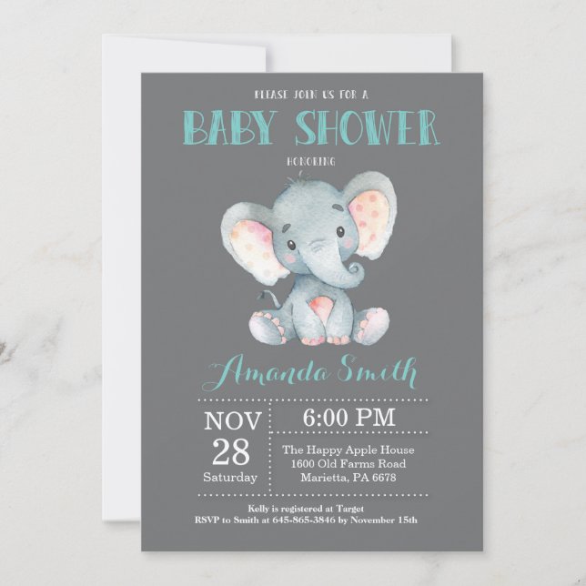 Elephant Baby Shower-inbjudan Aqua och Grått Inbjudningar (Framsida)