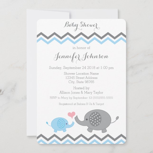 Elephant Baby Shower Inbjudan | Blue Grått Chevron (Framsida)