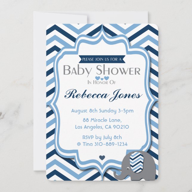Elephant Baby Shower-inbjudan Boy Blue Chevron Inbjudningar (Framsida)