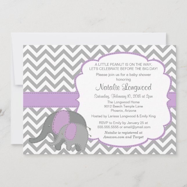 Elephant Baby Shower-inbjudan, Chevron, lila Inbjudningar (Framsida)