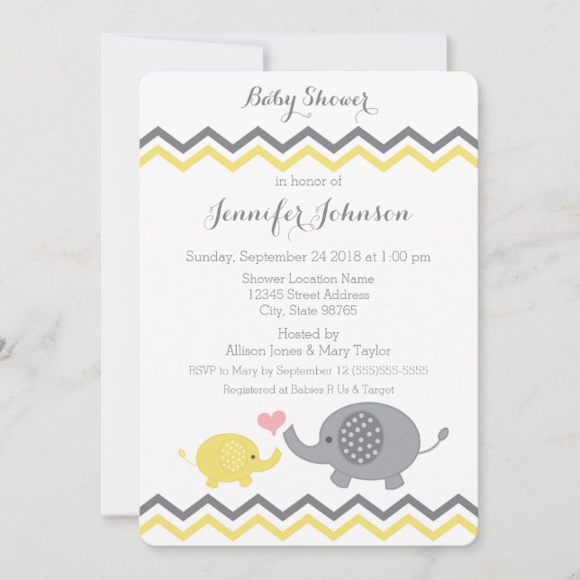 Elephant Baby Shower Inbjudan | Gult Grått Chevron (Framsida)