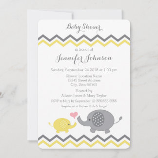 Elephant Baby Shower Inbjudan | Gult Grått Chevron