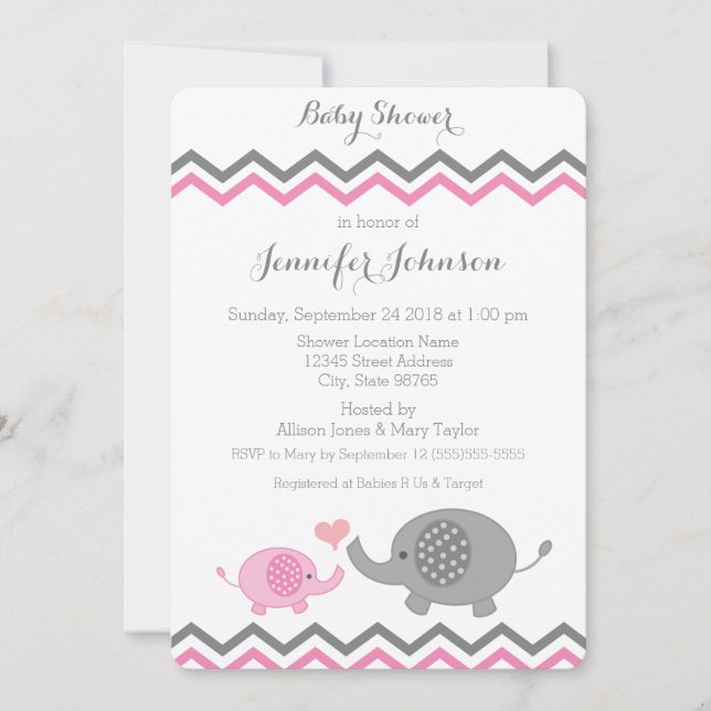 Elephant Baby Shower Inbjudan | Rosa Grått Chevron (Framsida)