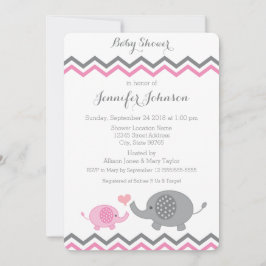 Elephant Baby Shower Inbjudan | Rosa Grått Chevron