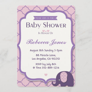 Elephant Baby Shower Inbjudan Rosa Lila Quatrefoil