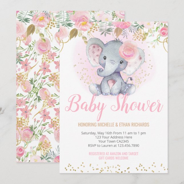 Elephant Baby Shower Inbjudningar (Fram/baksida)