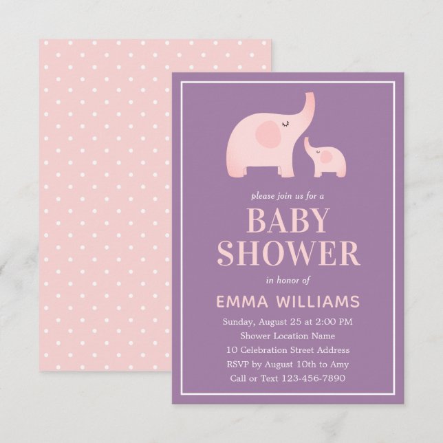 Elephant Baby Shower InvestigGirl - Lila Rosa Inbjudningar (Fram/baksida)