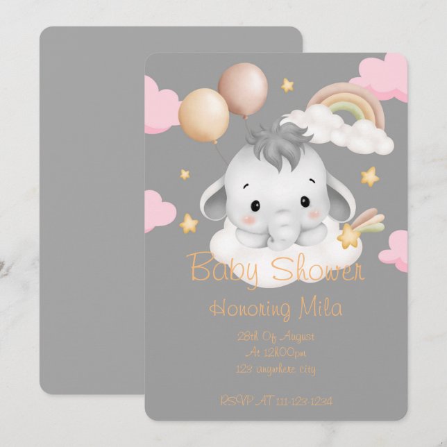 ELEPHANT BABY SHOWER-INVIKTER INBJUDNINGAR (Fram/baksida)