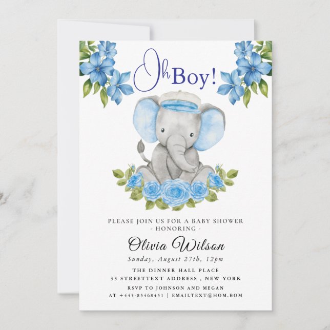 Elephant Baby Shower Invitation for Boy – “Oh Boy! Inbjudningar (Framsida)