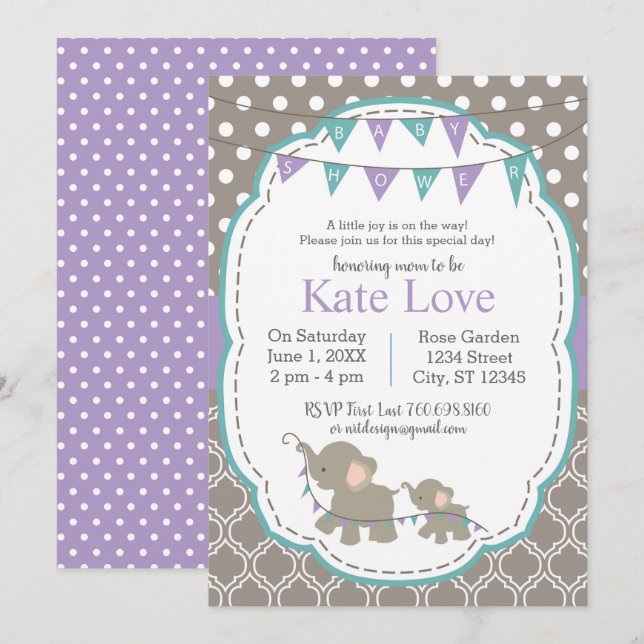 Elephant Baby Shower Lavender Teal-inbjudan Inbjudningar (Fram/baksida)