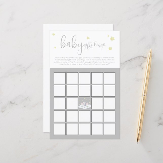 Elephant Baby Shower Light Grått Baby Bingo Game (Fram/Back In Situ)