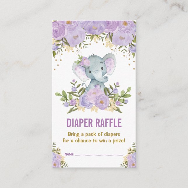 Elephant Baby Shower Lila Blommigt Diaper Raffle Tilläggskort (Framsida)