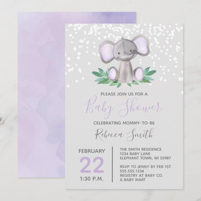 Elephant Baby Shower Lila Watercolor Inbjudningar (Fram/baksida)