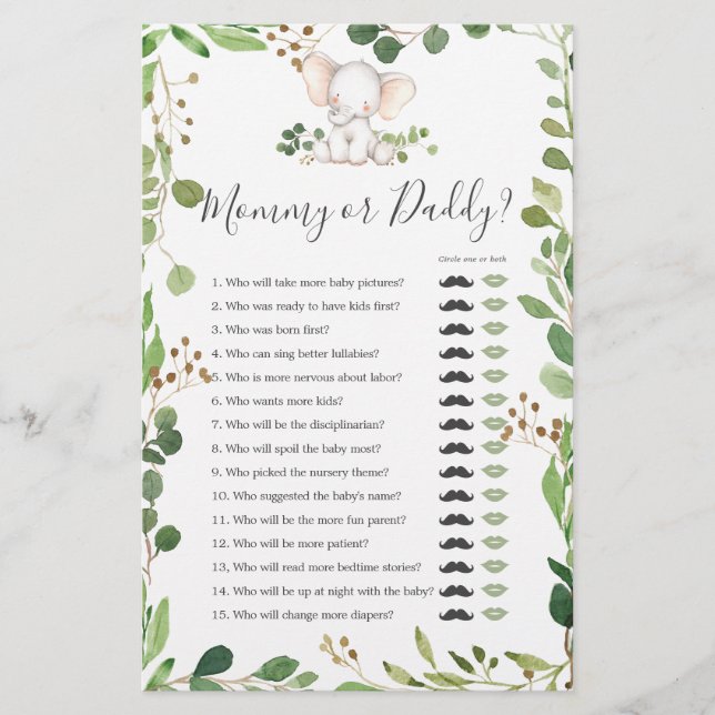 Elephant Baby Shower Mamma eller pappa Game (Framsida)