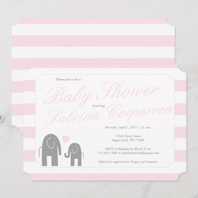 Elephant Baby Shower med Rand - Ljus rosa Inbjudningar (Fram/baksida)
