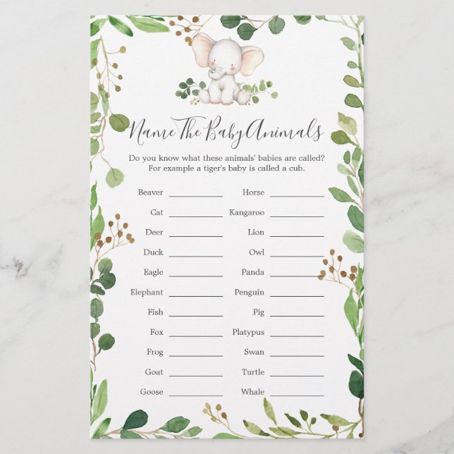 Elephant Baby Shower Namn Baby djur (Framsida)