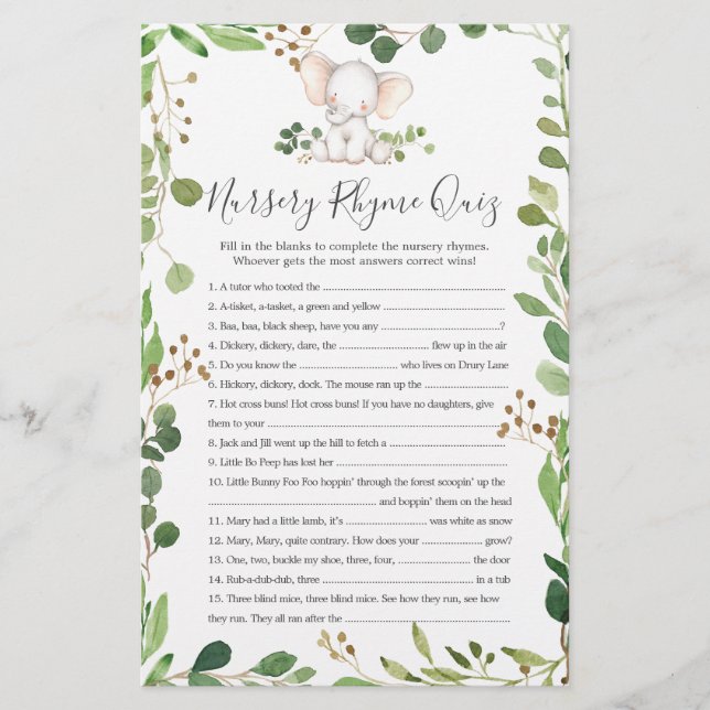 Elephant Baby Shower Nursery Rhyme Quiz-spel (Framsida)