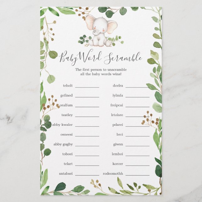 Elephant Baby Shower Ord Scramble Game (Framsida)