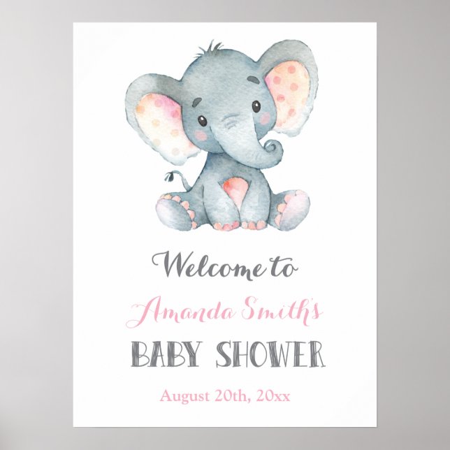 Elephant Baby Shower Rosa and Grått Welcome Sign Poster (Framsidan)