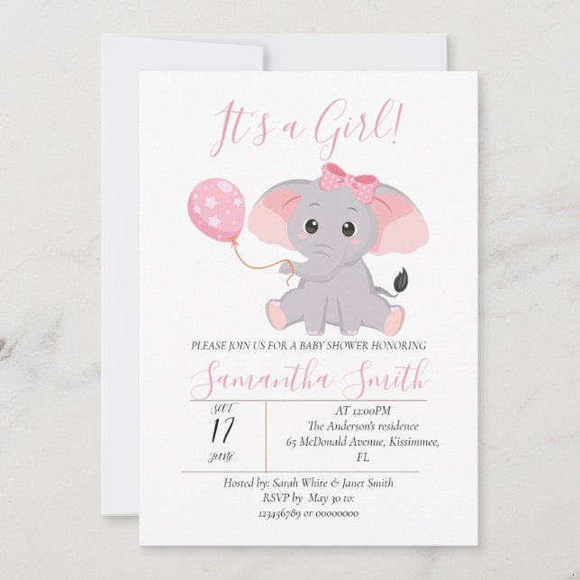 Elephant Baby Shower Rosa Balloon Inbjudningar (Framsida)