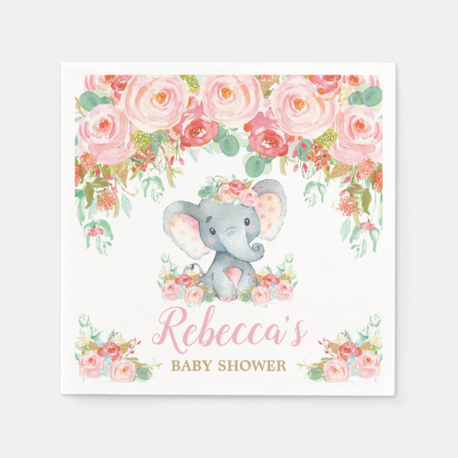 Elephant Baby Shower Rosa  Blommigt Girl Small Pappersservett (Framsidan)