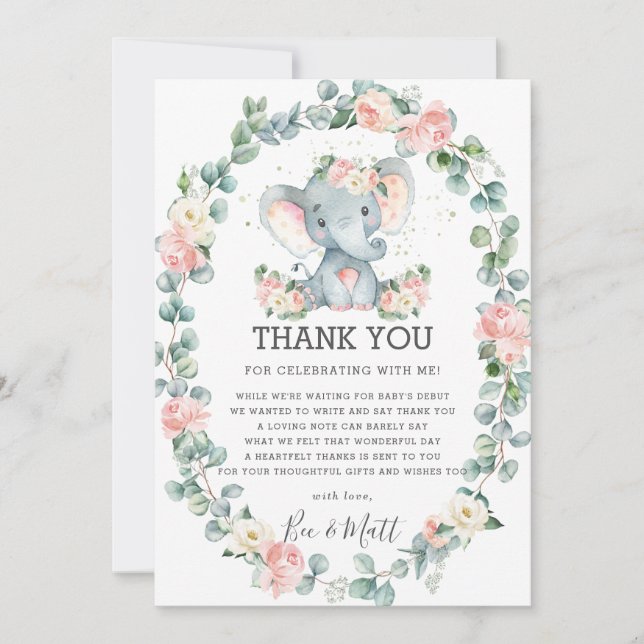 Elephant Baby Shower Rosa Blommigt Greenery Girl Tack Kort (Framsida)