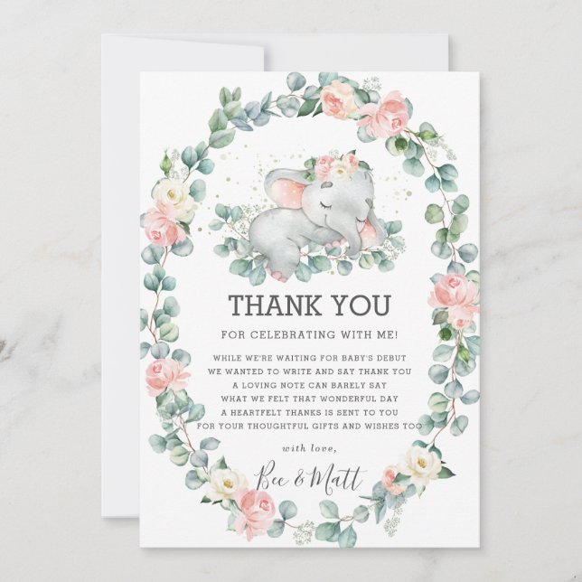 Elephant Baby Shower Rosa Blommigt Greenery Girl Tack Kort (Framsida)