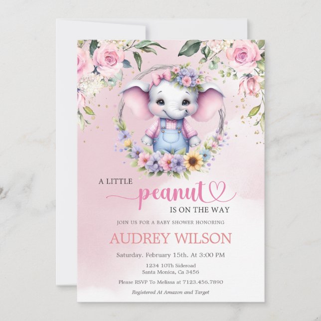 Elephant Baby Shower Rosa Blommigt Inbjudningar (Framsida)