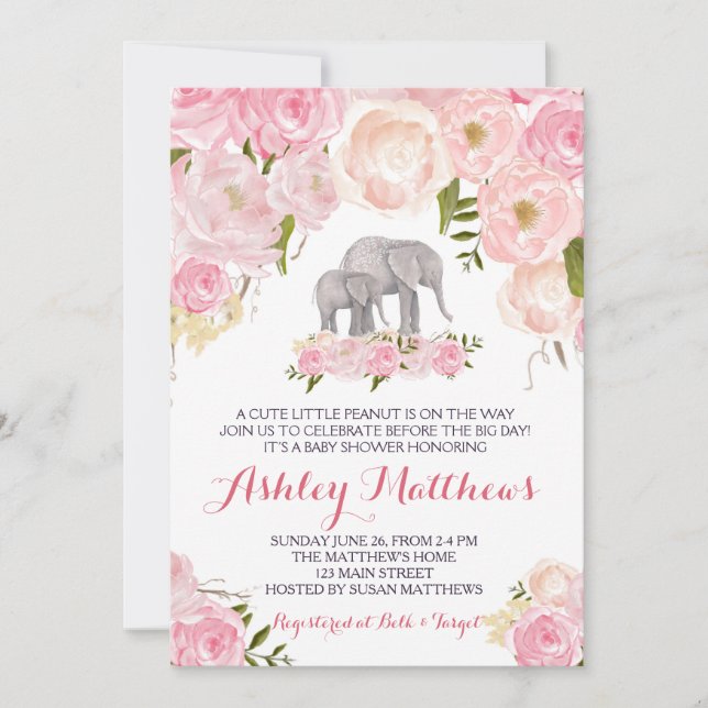 Elephant Baby Shower, rosa blommigt Inbjudningar (Framsida)
