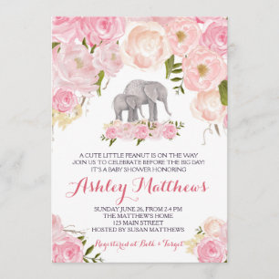 Elephant Baby Shower, rosa blommigt Inbjudningar