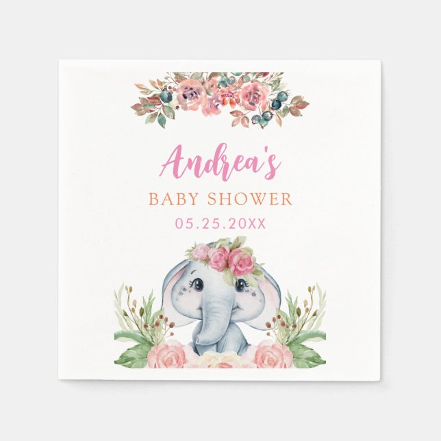 Elephant Baby Shower Rosa Flower Napkins Pappersservett (Framsidan)