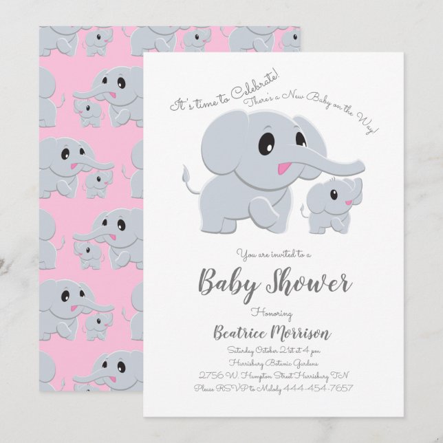 Elephant Baby Shower Rosa Girl Inbjudningar (Fram/baksida)