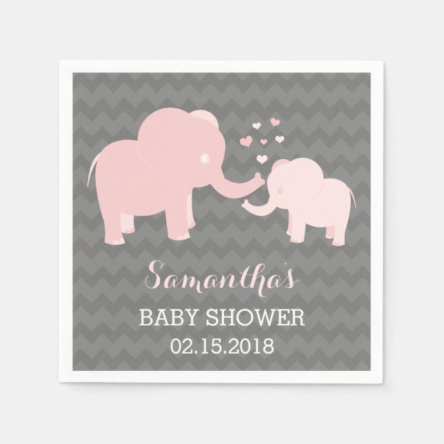 Elephant Baby Shower Rosa och Grått Papper Napkins Pappersservett (Framsidan)