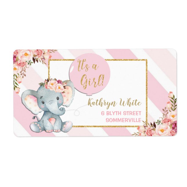 Elephant Baby Shower Rosa Returetiketter Fraktsedel (Framsidan)