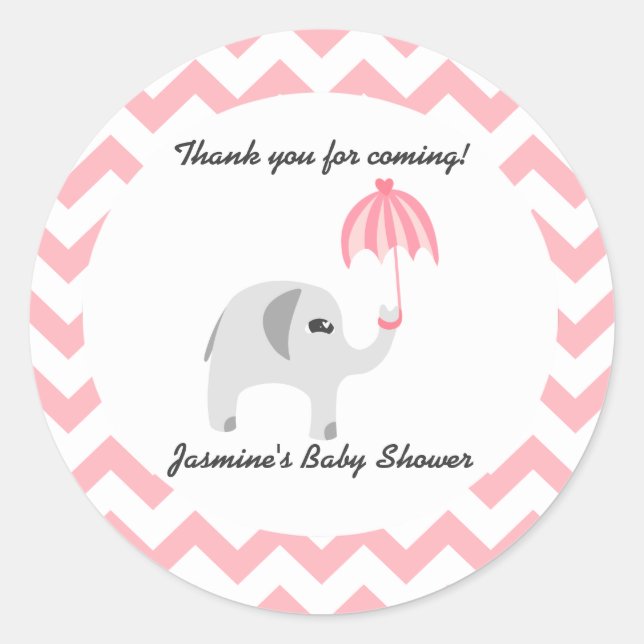 Elephant Baby Shower Rosa Umbrella Runt Klistermärke (Framsida)