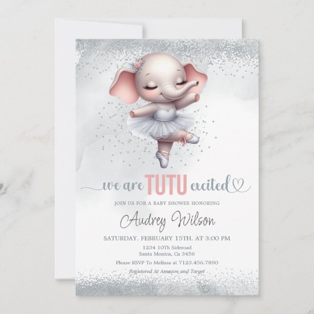 Elephant Baby Shower Silver och Rosa Tutu Dress Inbjudningar (Framsida)