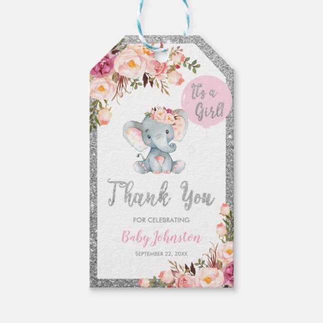 Elephant Baby Shower Silver Tack Favor Presentetikett (Framsidan)