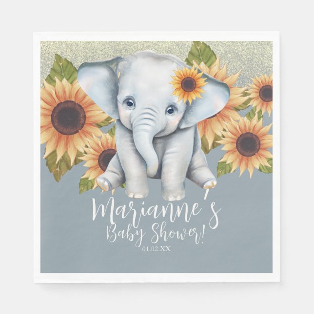 Elephant Baby Shower Solros Glitter Dusty Blue Pappersservett (Framsidan)