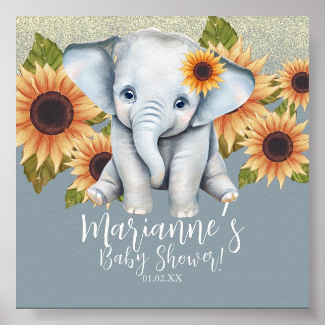 Elephant Baby Shower Solros Glitter Dusty Blue Poster (Framsidan)