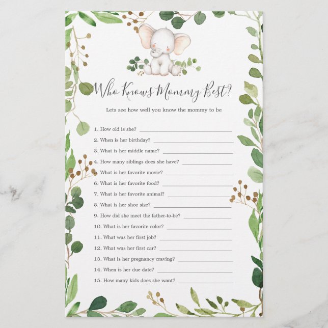 Elephant Baby Shower som känner Mamma bäst (Framsida)