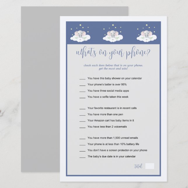 Elephant Baby Shower Spelet What's on Your Mobil (Fram/baksida)