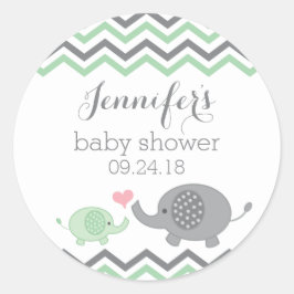 Elephant Baby Shower Stickers Grönt Grått Chevron Runt Klistermärke
