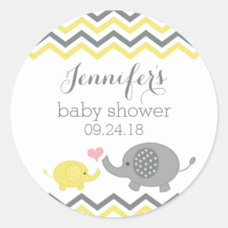 Elephant Baby Shower Stickers Gult Grått Chevron Runt Klistermärke