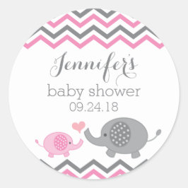 Elephant Baby Shower Stickers | Rosa Grått Chevron Runt Klistermärke