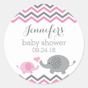 Elephant Baby Shower Stickers Rosa Grått Chevron Runt Klistermärke