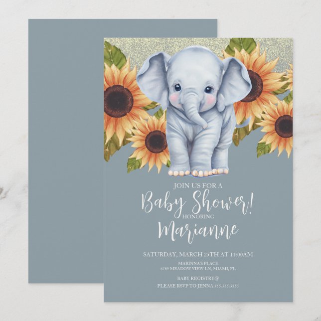 Elephant Baby Shower Sunblommor Glitter Dusty Blue Inbjudningar (Fram/baksida)